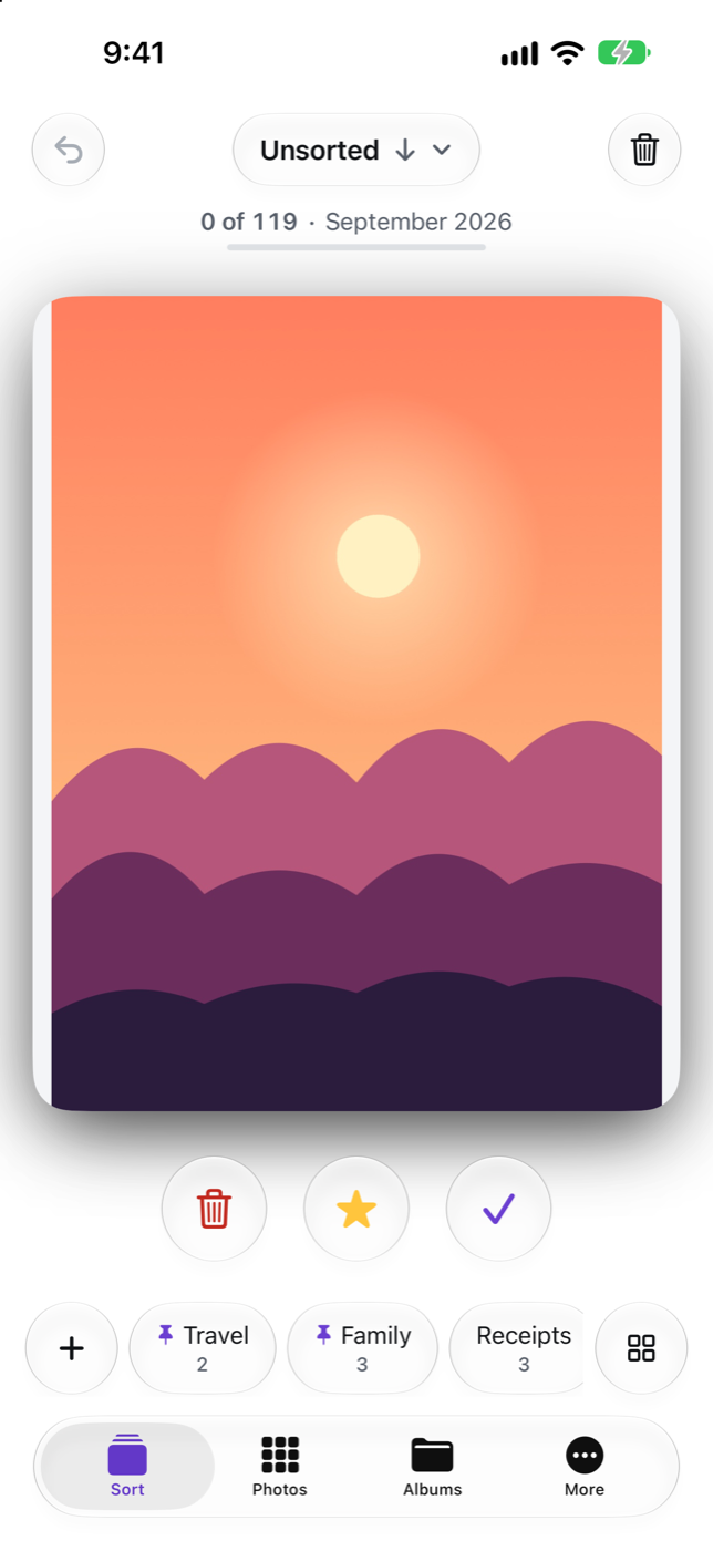 Tendroll sorting screen: a photo card with trash, favorite and keep buttons, and an album bar
